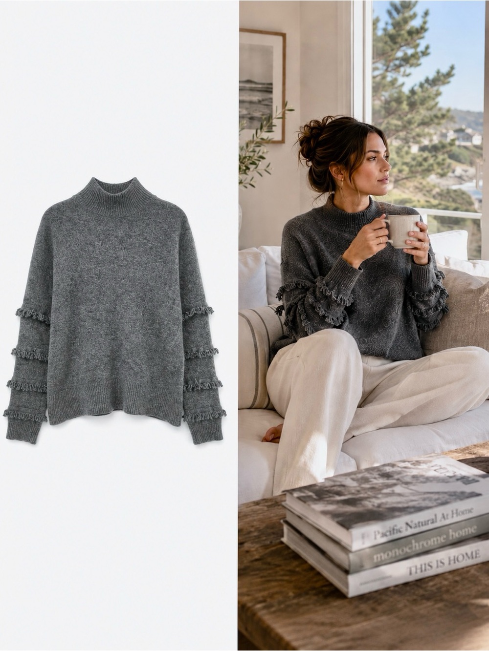 BRODIE Cashmere Naomi Fringe Sleeve Sweater 100% Mongolian Cashmere Gray Small